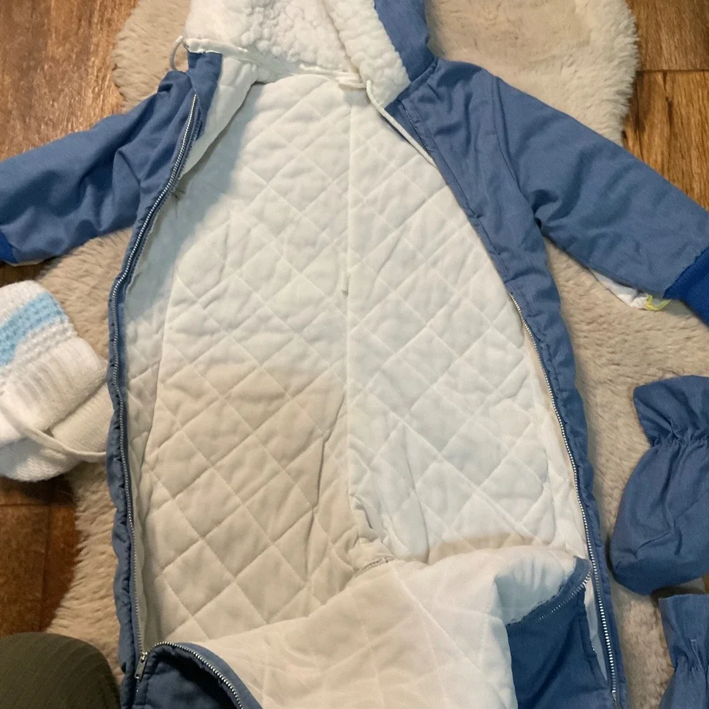 Vintage Snowsuit Baby Bunting Blue Embroidered Hand Foot Covers Removable Hooded